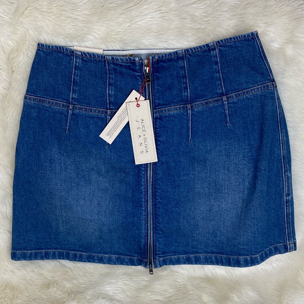 Alice + Olivia Paxton High-Rise Zipper Jean Mini Skirt,  31 Denim